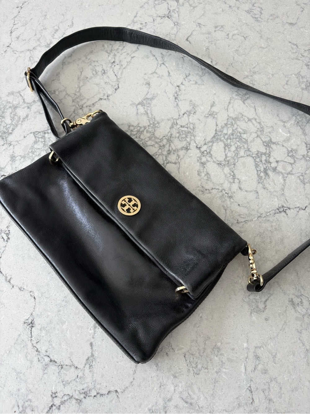 Tory Burch Black Leather Crossbody Bag with Gold Accent